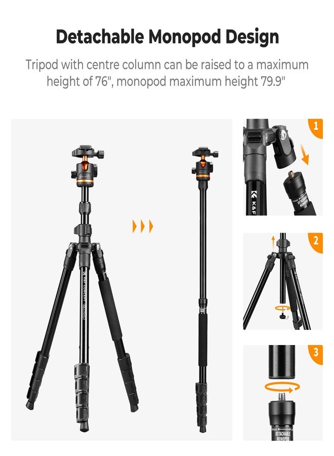 K&F Concept 75.6 inch/192cm Camera Tripod, Heavy Duty DSLR Tripods with 360 Degree Ball Head Load Capacity 8kg/17.6lbs, Detachable Monopod, Cellphone Clip for Smartphone O275A5+BH-36 - Image 4